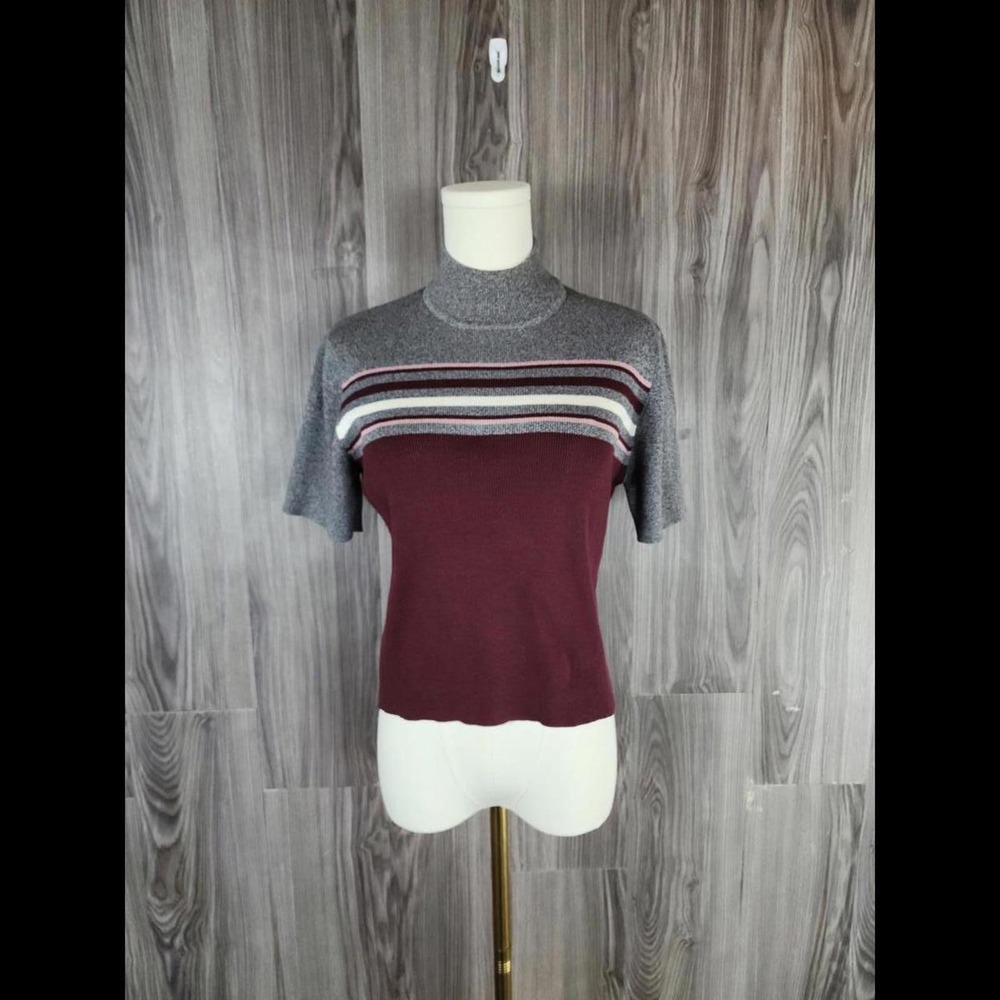 Petite Sophisticate Womens Gray Burgundy Striped Mock Neck‎ Knit Sweater Size S